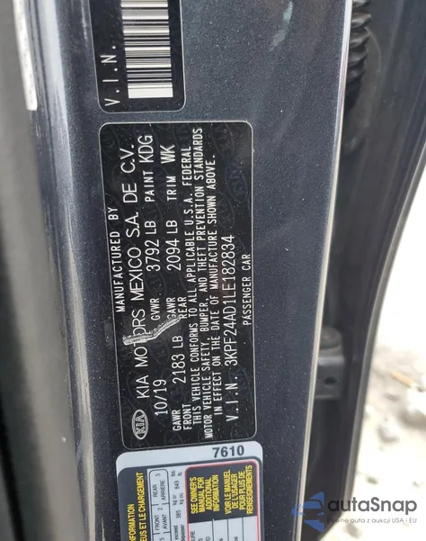 2020 Kia Forte Fe из США, поврежденный, VIN 3KPF24AD1LE182834